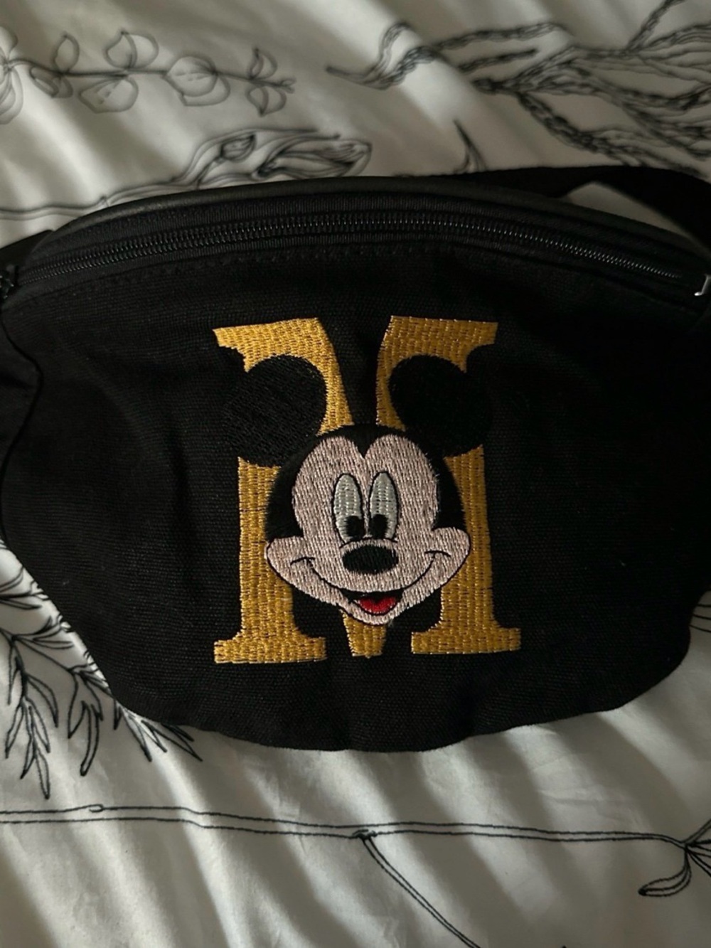 Vintage Black Fanny Pack with Gold 'M' and Mickey Embroidery